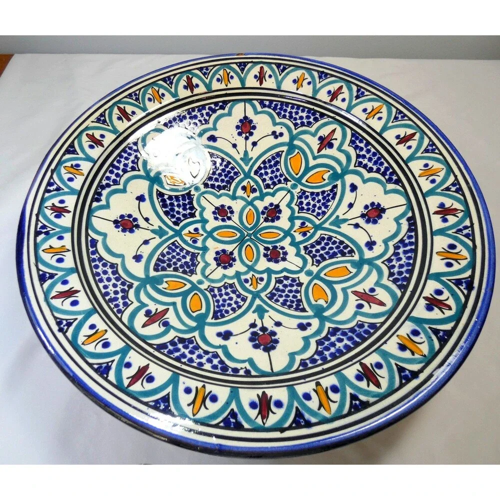 Large VTG Hand Painted Moroccan Floral Mandala Bowl Heavy Gorgeous 16